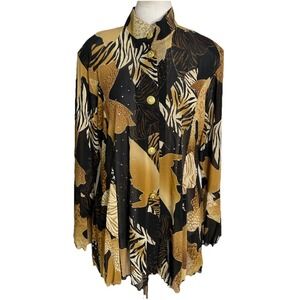 DAMEE Mesh Abstract Crystals Brown Print Jacket Top Large NWT